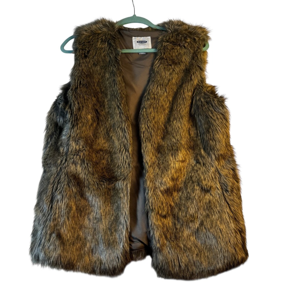 Old Navy Faux Fur Vest Womens L Brown Gray Sleeveless Outerwear Layering
